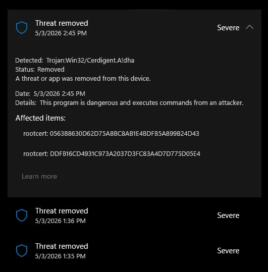 Bug Defender tandai sertifikat root DigiCert sebagai Trojan, koneksi SSL/TLS perusahaan terancam putus. Pembaruan versi .430 jadi perbaikan resmi Microsoft.